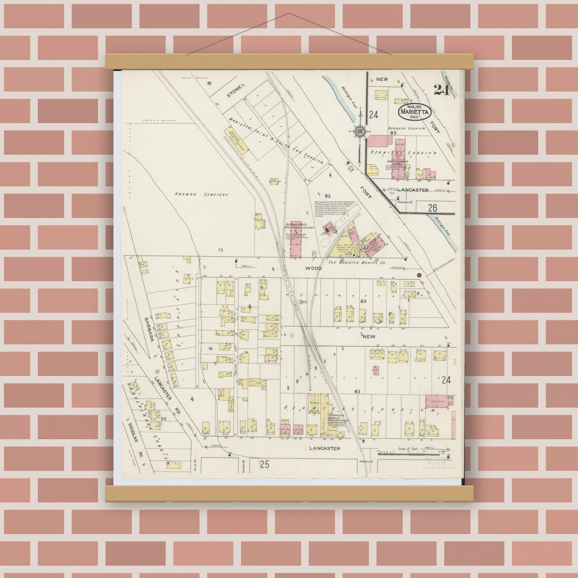 Old map wall art mockup — magnetic wood frame on brick wall — Sanborn Fire Insurance Map from Marietta, Washington County, Ohio (1915), Sheet #0024