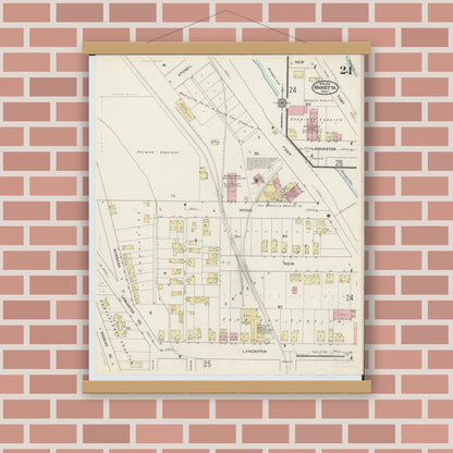 Old map wall art mockup — magnetic wood frame on brick wall — Sanborn Fire Insurance Map from Marietta, Washington County, Ohio (1915), Sheet #0024