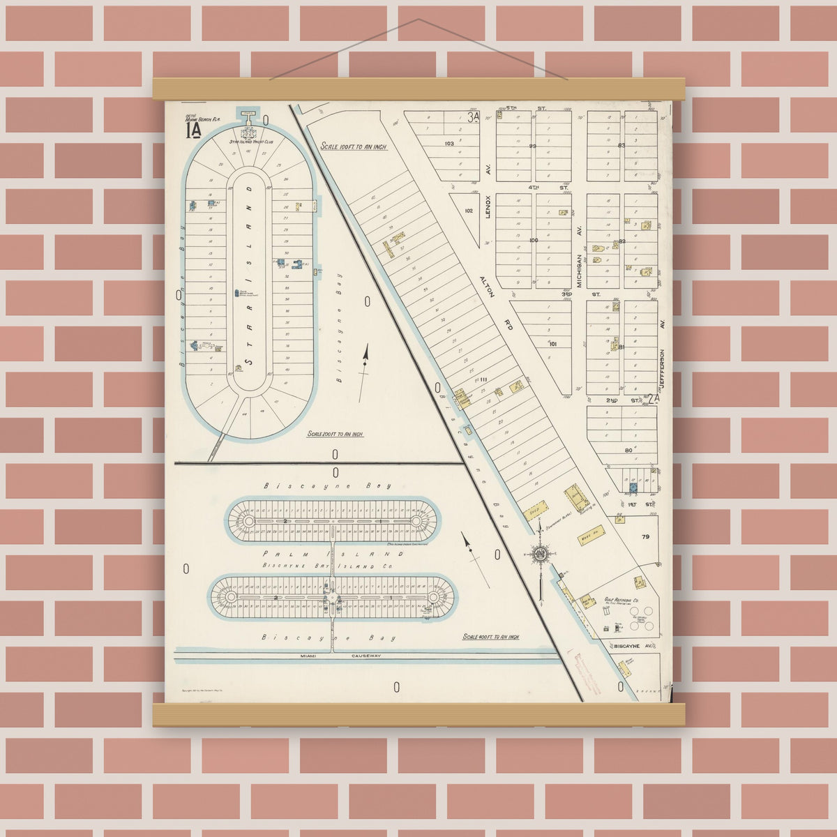 Old map wall art mockup — magnetic wood frame on brick wall — Sanborn Fire Insurance Map from Miami Beach, Dade County, Florida (1921) - Complete Map Set