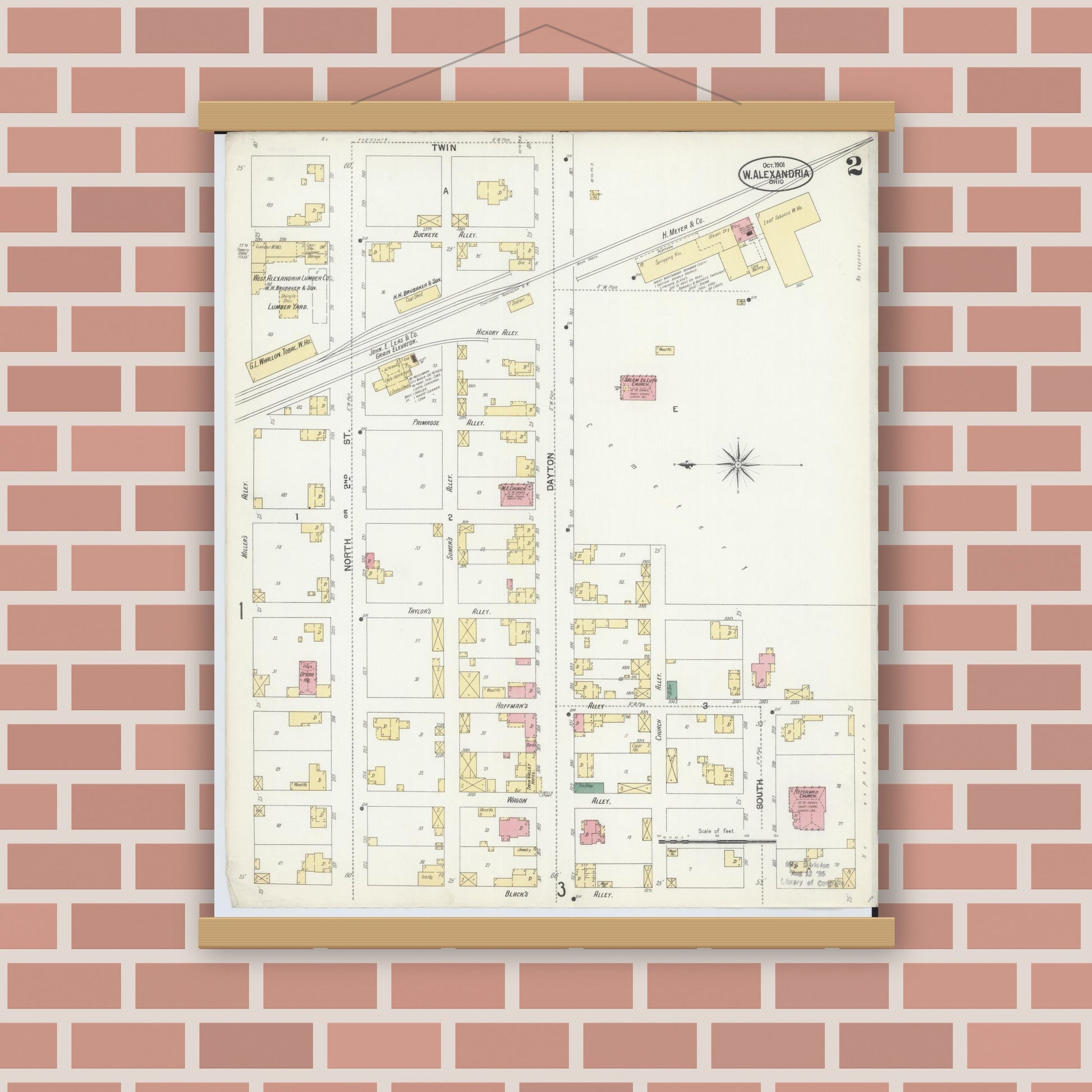 Old map wall art mockup — magnetic wood frame on brick wall — Sanborn Fire Insurance Map from West Alexandria, Preble County, Ohio (1901), Sheet #0002
