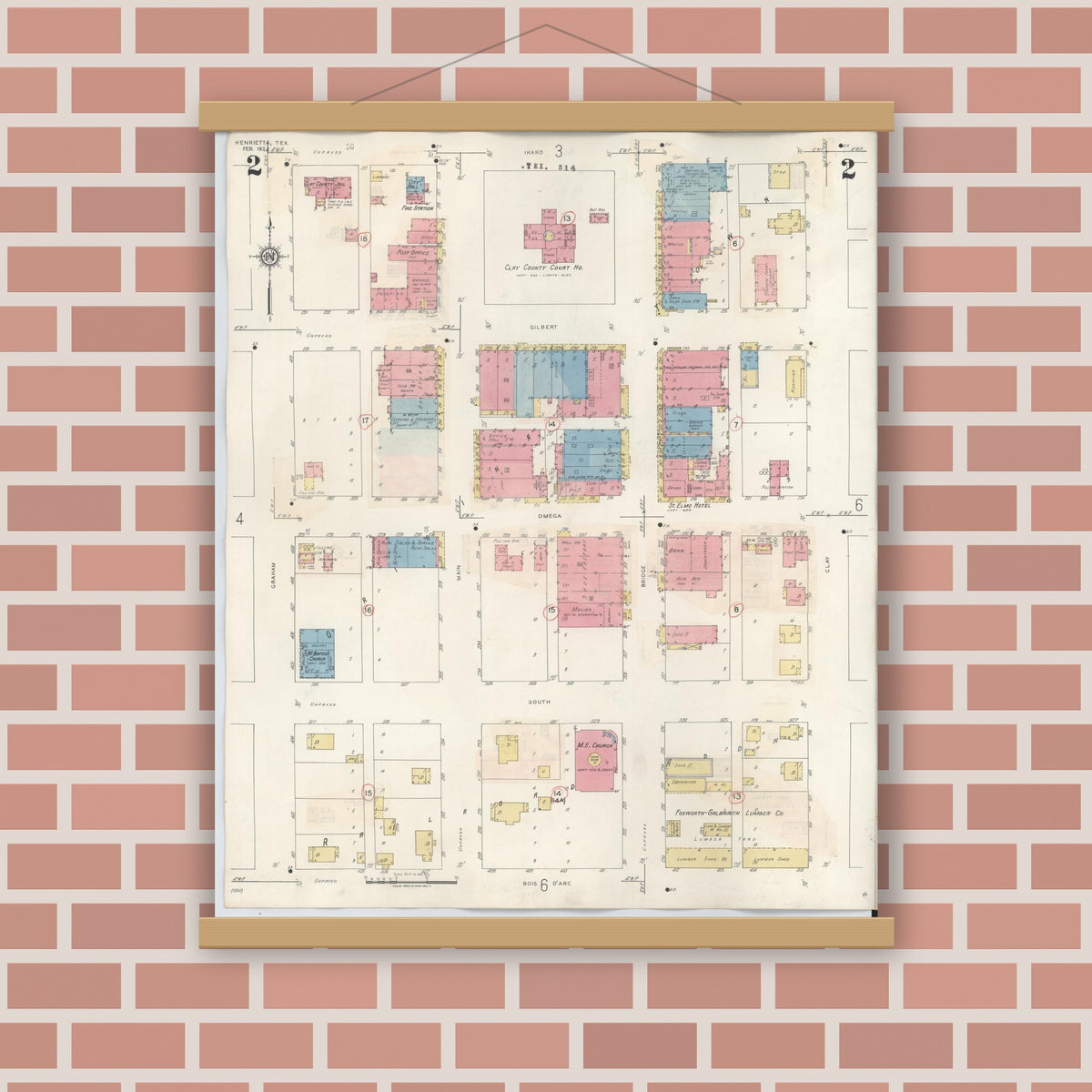 Old map wall art mockup — magnetic wood frame on brick wall — Sanborn Fire Insurance Map from Henrietta, Clay County, Texas (1944), Sheet #0002