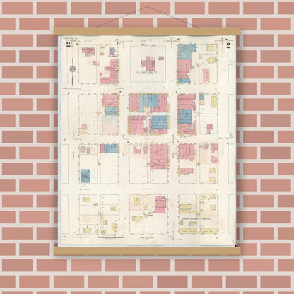 Old map wall art mockup — magnetic wood frame on brick wall — Sanborn Fire Insurance Map from Henrietta, Clay County, Texas (1944), Sheet #0002