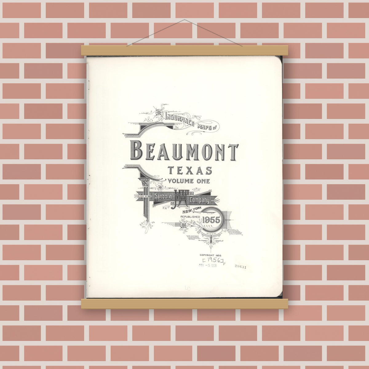 Old map wall art mockup — magnetic wood frame on brick wall — Sanborn Fire Insurance Map from Beaumont, Jefferson County, Texas (1955), Sheet #0001