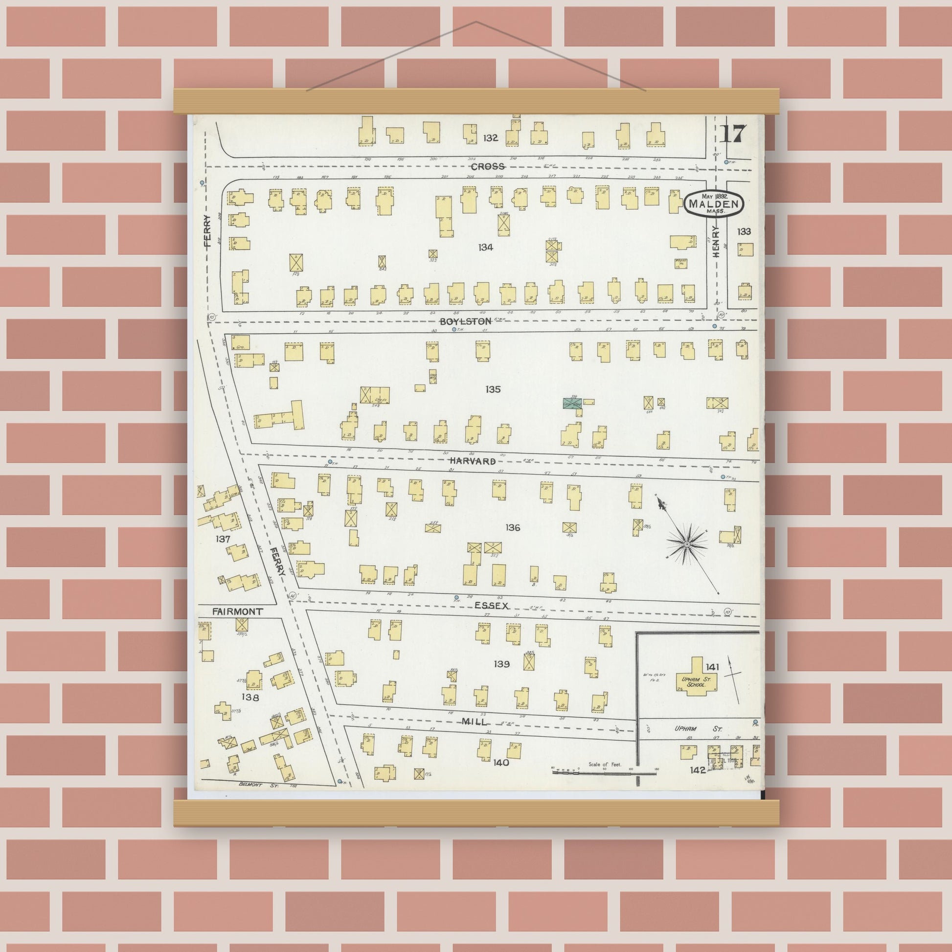 Old map wall art mockup — magnetic wood frame on brick wall — Sanborn Fire Insurance Map from Malden, Middlesex County, Massachusetts (1892), Sheet #0017