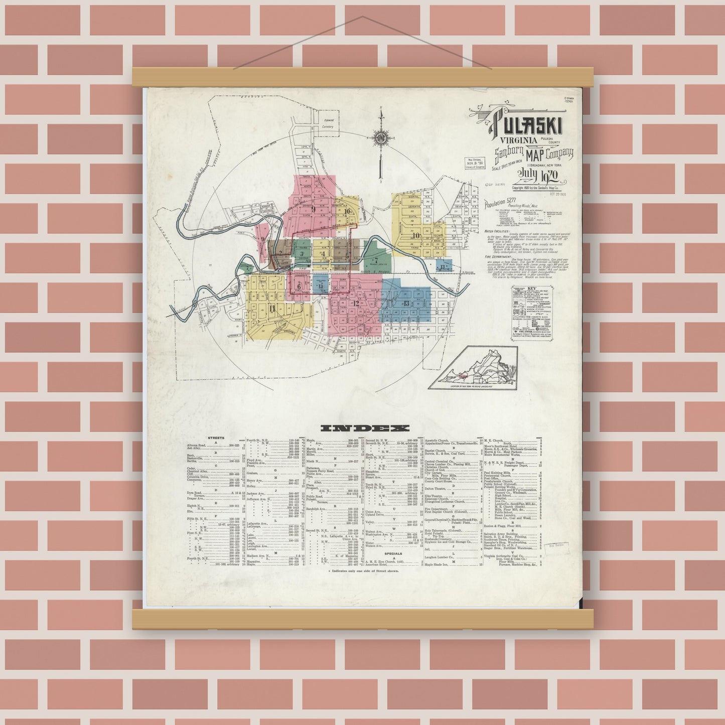 Old map wall art mockup — magnetic wood frame on brick wall — Sanborn Fire Insurance Map from Pulaski, Pulaski County, Virginia (1920) - Complete Map Set