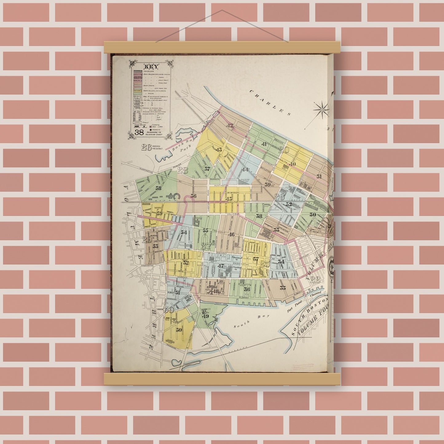 Old map wall art mockup — magnetic wood frame on brick wall — Sanborn Fire Insurance Map from Boston, Suffolk County, Massachusetts (1887), Sheet #0001