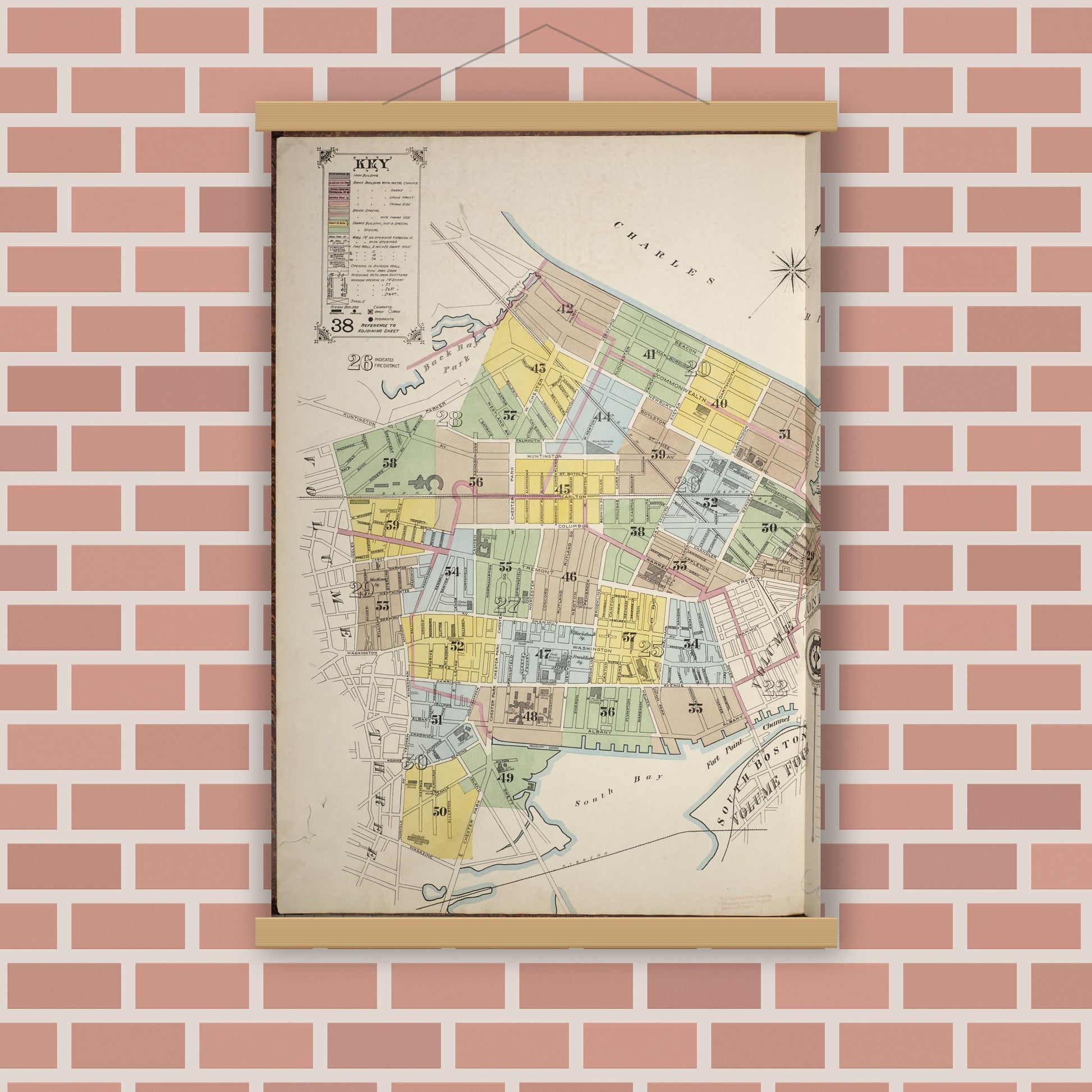 Old map wall art mockup — magnetic wood frame on brick wall — Sanborn Fire Insurance Map from Boston, Suffolk County, Massachusetts (1887), Sheet #0001