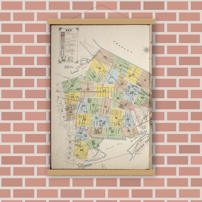 Old map wall art mockup — magnetic wood frame on brick wall — Sanborn Fire Insurance Map from Boston, Suffolk County, Massachusetts (1887), Sheet #0001