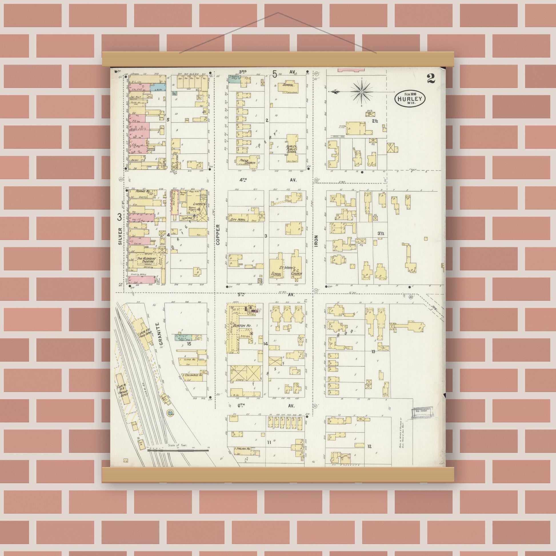 Old map wall art mockup — magnetic wood frame on brick wall — Sanborn Fire Insurance Map from Hurley, Iron County, Wisconsin (1898), Sheet #0002