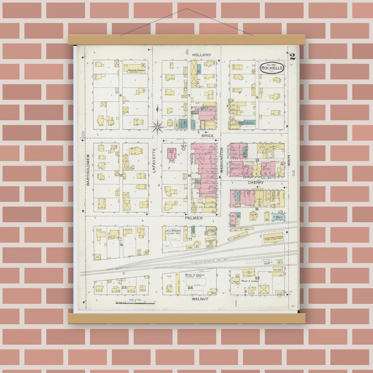 Old map wall art mockup — magnetic wood frame on brick wall — Sanborn Fire Insurance Map from Rochelle, Ogle County, Illinois (1893), Sheet #0002