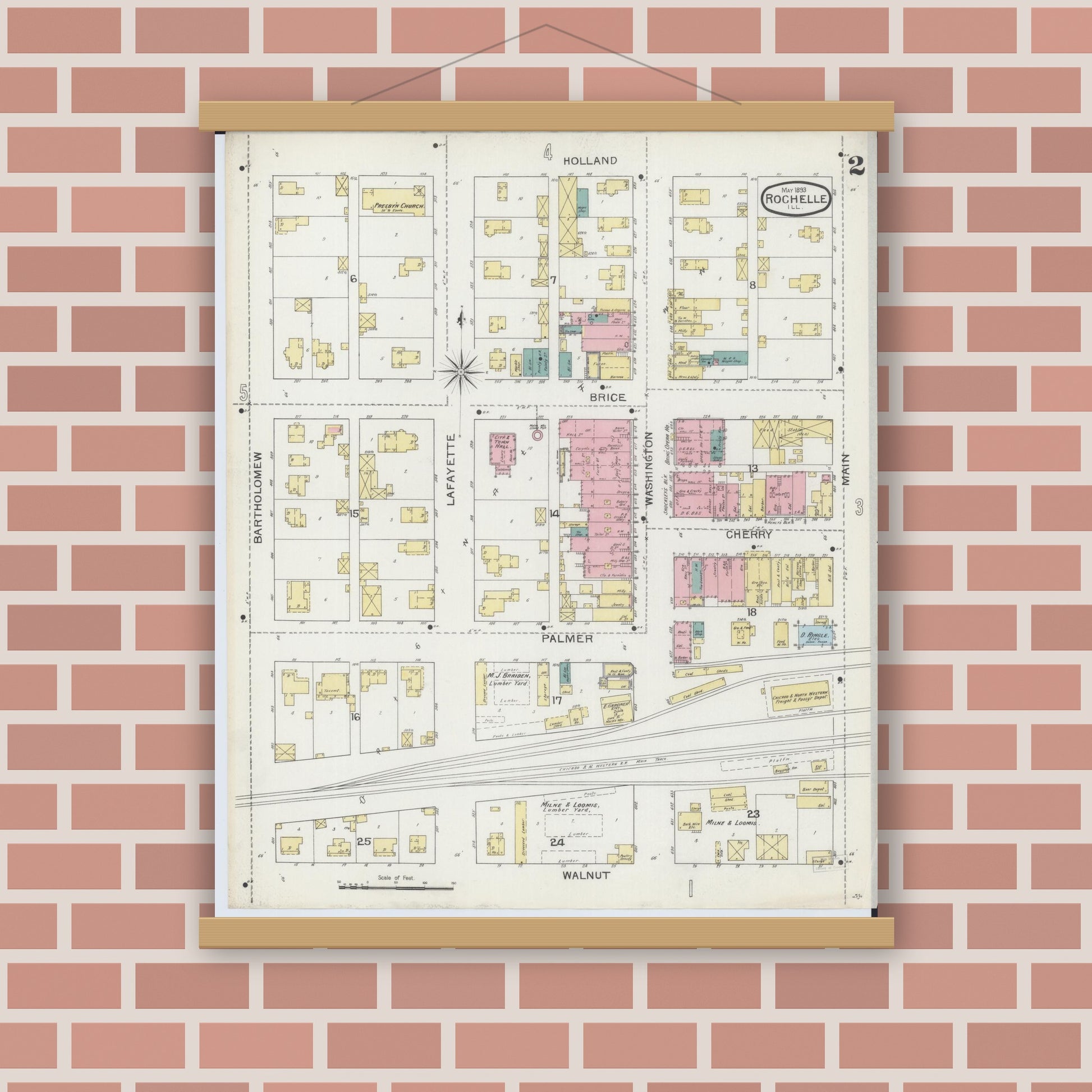 Old map wall art mockup — magnetic wood frame on brick wall — Sanborn Fire Insurance Map from Rochelle, Ogle County, Illinois (1893), Sheet #0002