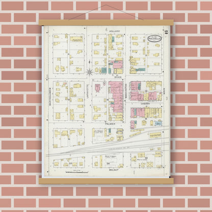 Old map wall art mockup — magnetic wood frame on brick wall — Sanborn Fire Insurance Map from Rochelle, Ogle County, Illinois (1893), Sheet #0002