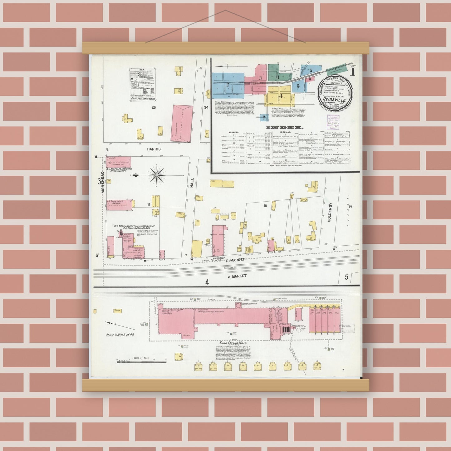 Old map wall art mockup — magnetic wood frame on brick wall — Sanborn Fire Insurance Map from Reidsville, Rockingham County, North Carolina (1901), Sheet #0001