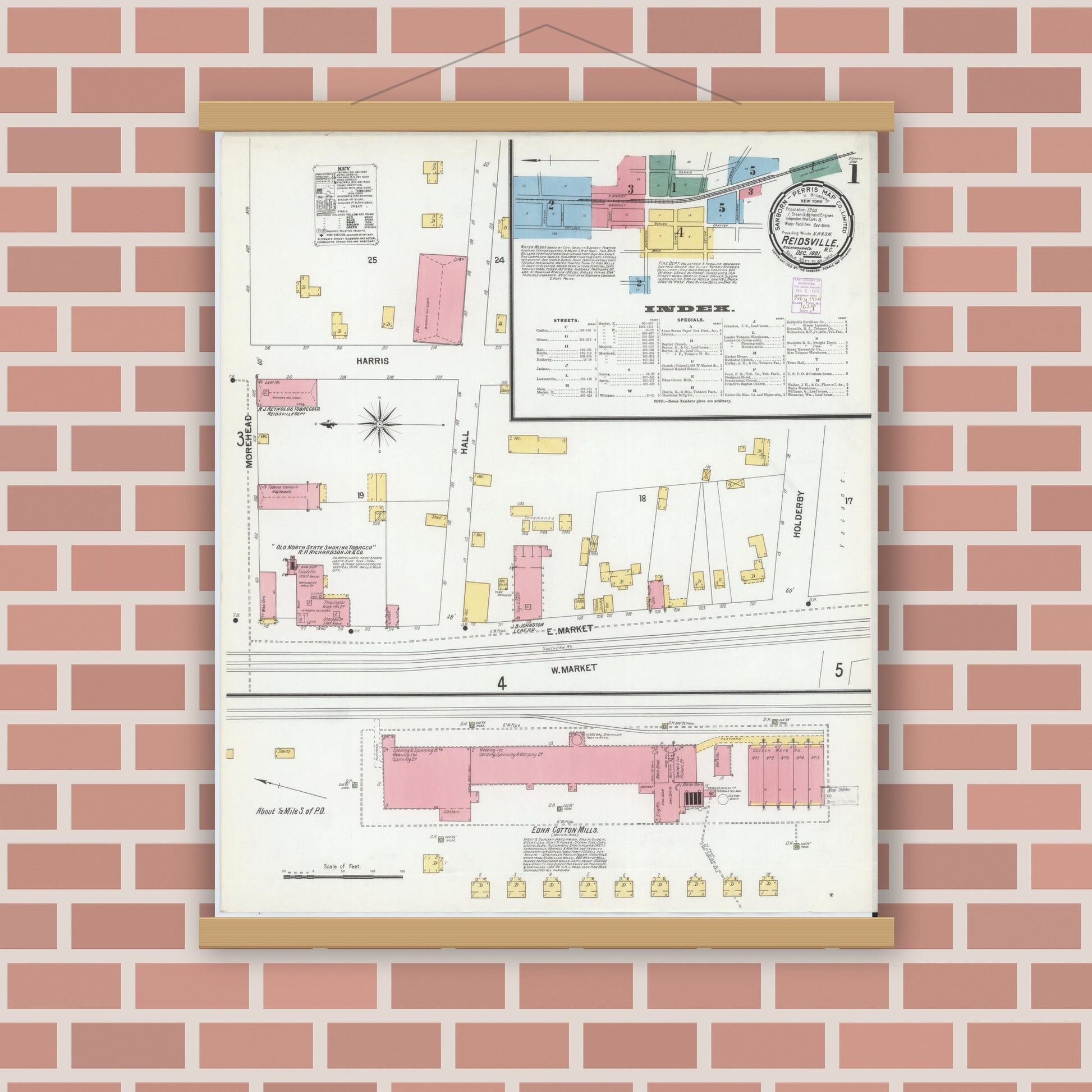 Old map wall art mockup — magnetic wood frame on brick wall — Sanborn Fire Insurance Map from Reidsville, Rockingham County, North Carolina (1901), Sheet #0001