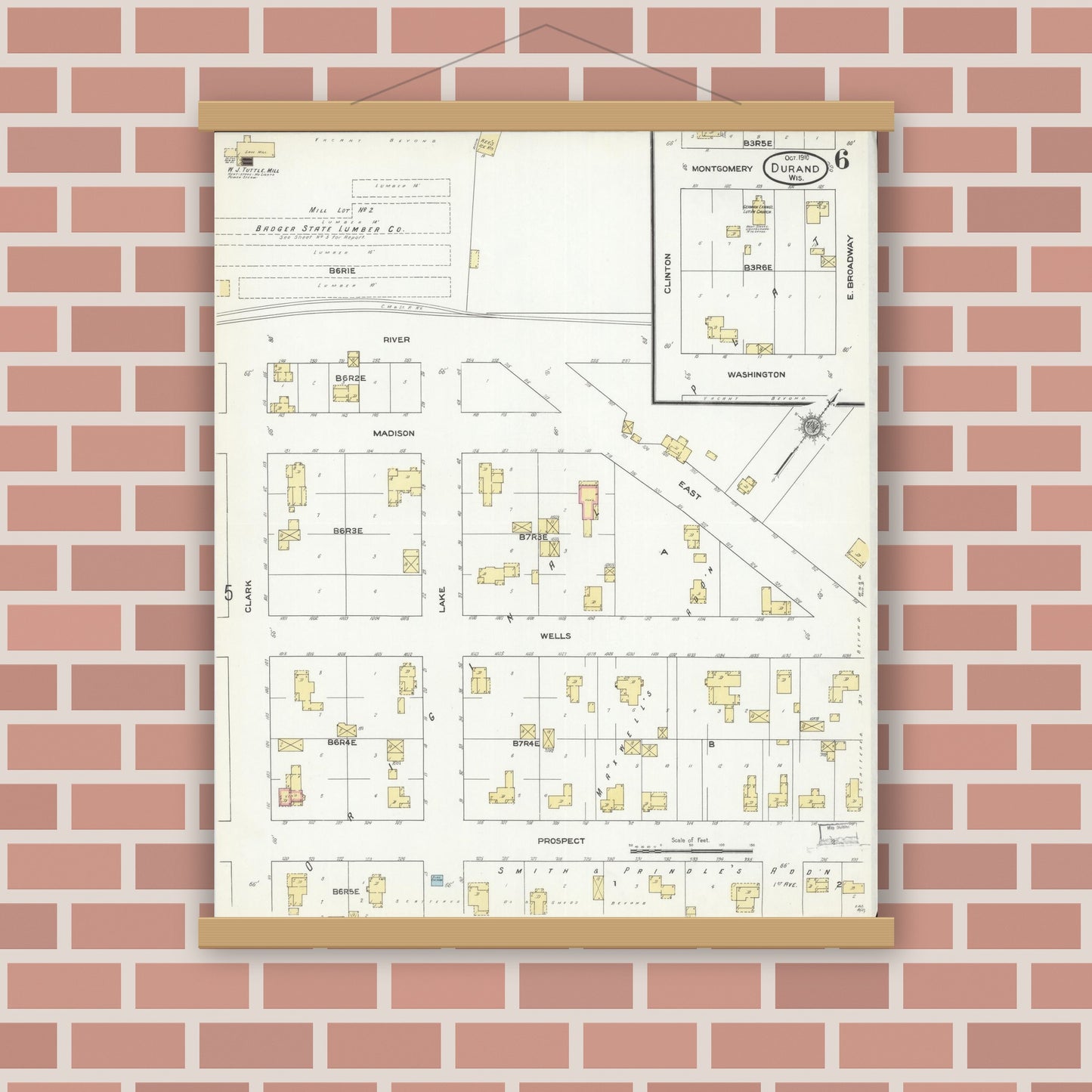 Old map wall art mockup — magnetic wood frame on brick wall — Sanborn Fire Insurance Map from Durand, Pepin County, Wisconsin (1910), Sheet #0006