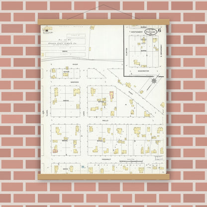 Old map wall art mockup — magnetic wood frame on brick wall — Sanborn Fire Insurance Map from Durand, Pepin County, Wisconsin (1910), Sheet #0006
