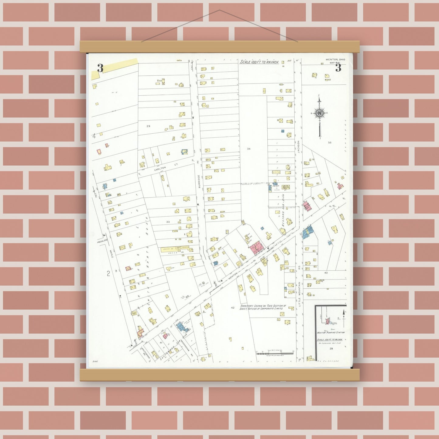 Old map wall art mockup — magnetic wood frame on brick wall — Sanborn Fire Insurance Map from Mentor, Lake County, Ohio (1941), Sheet #0003