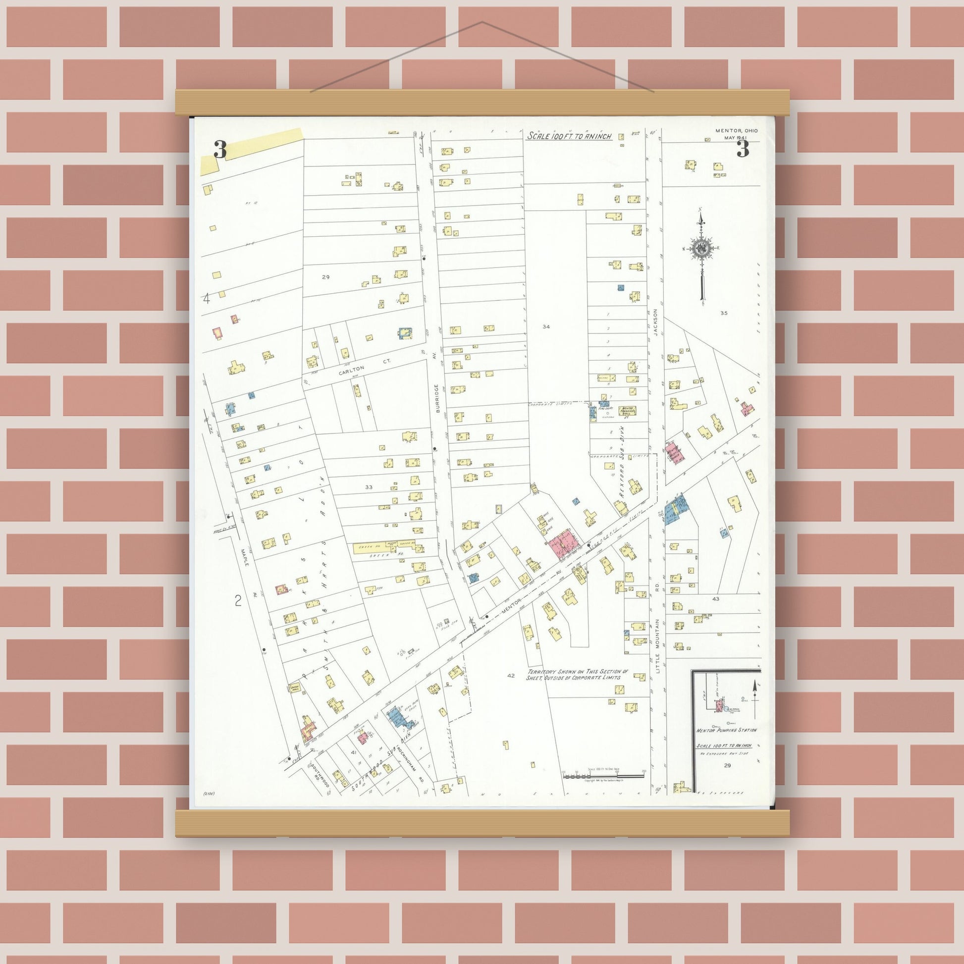 Old map wall art mockup — magnetic wood frame on brick wall — Sanborn Fire Insurance Map from Mentor, Lake County, Ohio (1941), Sheet #0003