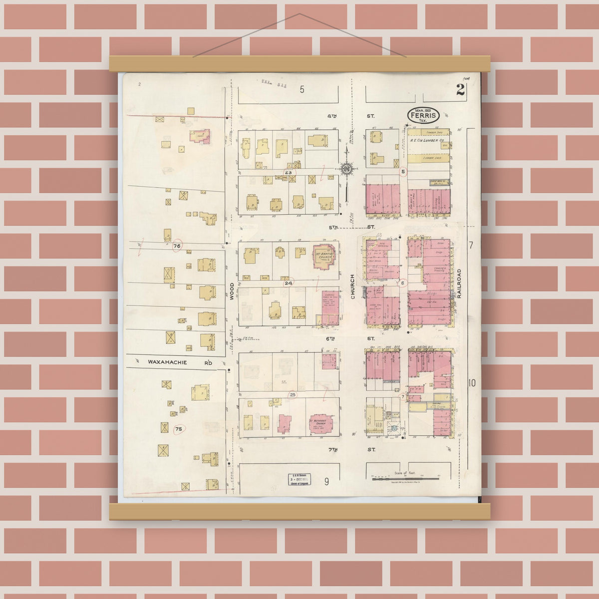 Old map wall art mockup — magnetic wood frame on brick wall — Sanborn Fire Insurance Map from Ferris, Ellis County, Texas (1941), Sheet #0002