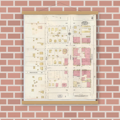 Old map wall art mockup — magnetic wood frame on brick wall — Sanborn Fire Insurance Map from Ferris, Ellis County, Texas (1941), Sheet #0002