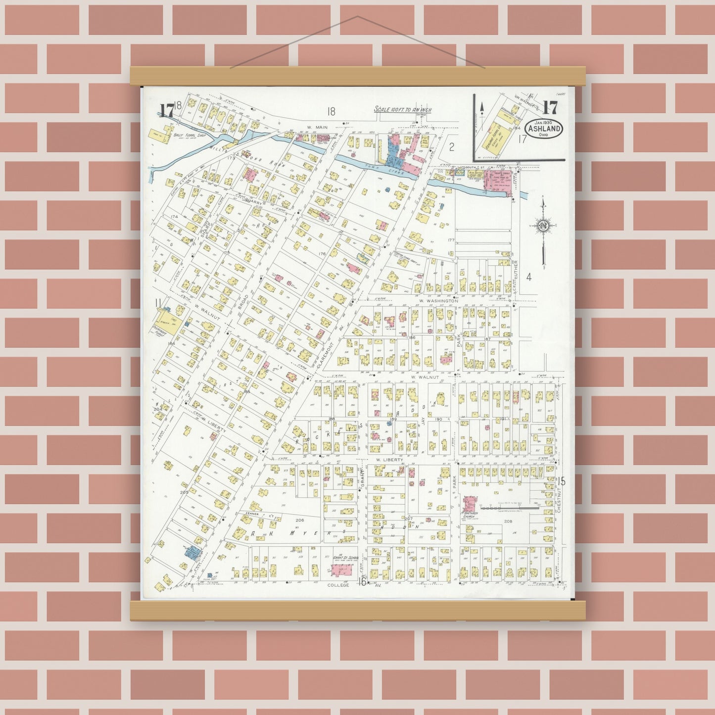 Old map wall art mockup — magnetic wood frame on brick wall — Sanborn Fire Insurance Map from Ashland, Ashland County, Ohio (1930), Sheet #0017