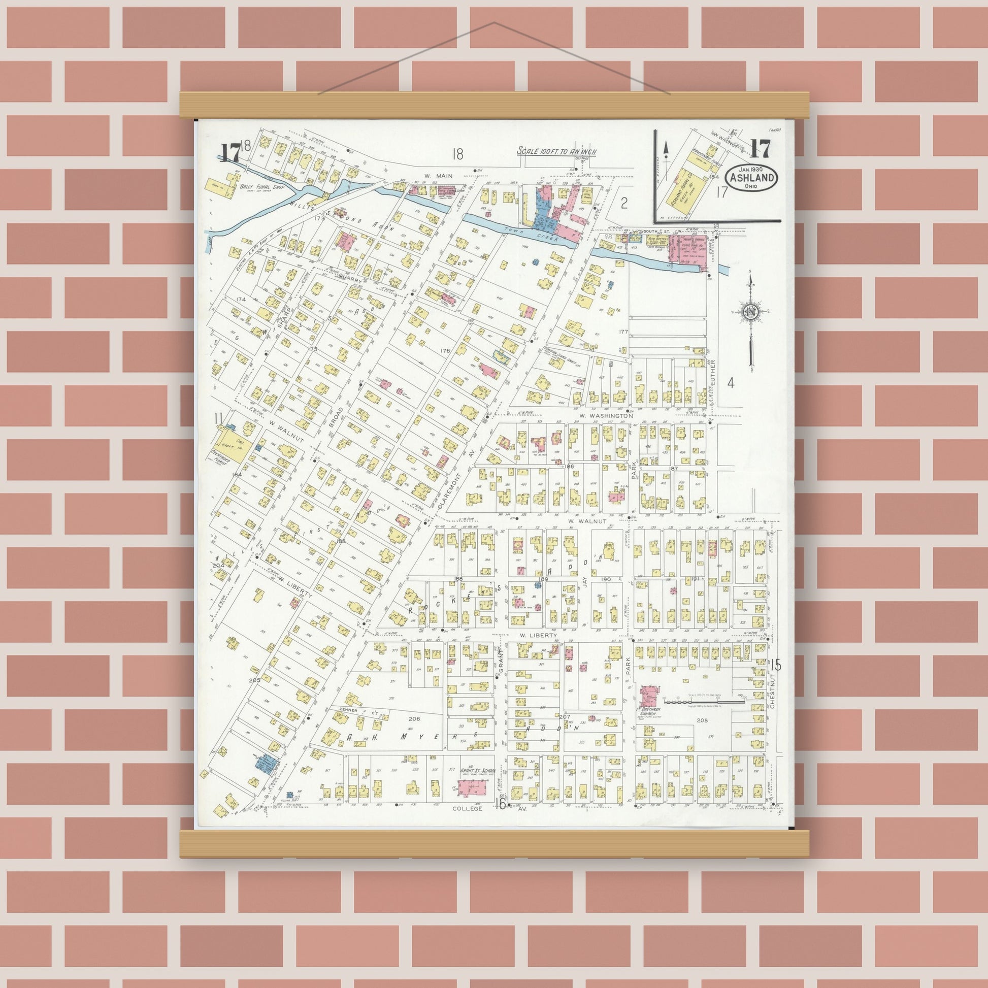 Old map wall art mockup — magnetic wood frame on brick wall — Sanborn Fire Insurance Map from Ashland, Ashland County, Ohio (1930), Sheet #0017