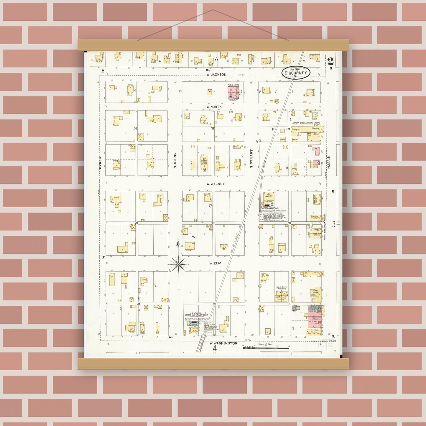 Old map wall art mockup — magnetic wood frame on brick wall — Sanborn Fire Insurance Map from Sigourney, Kiokuk County, Iowa (1906), Sheet #0002
