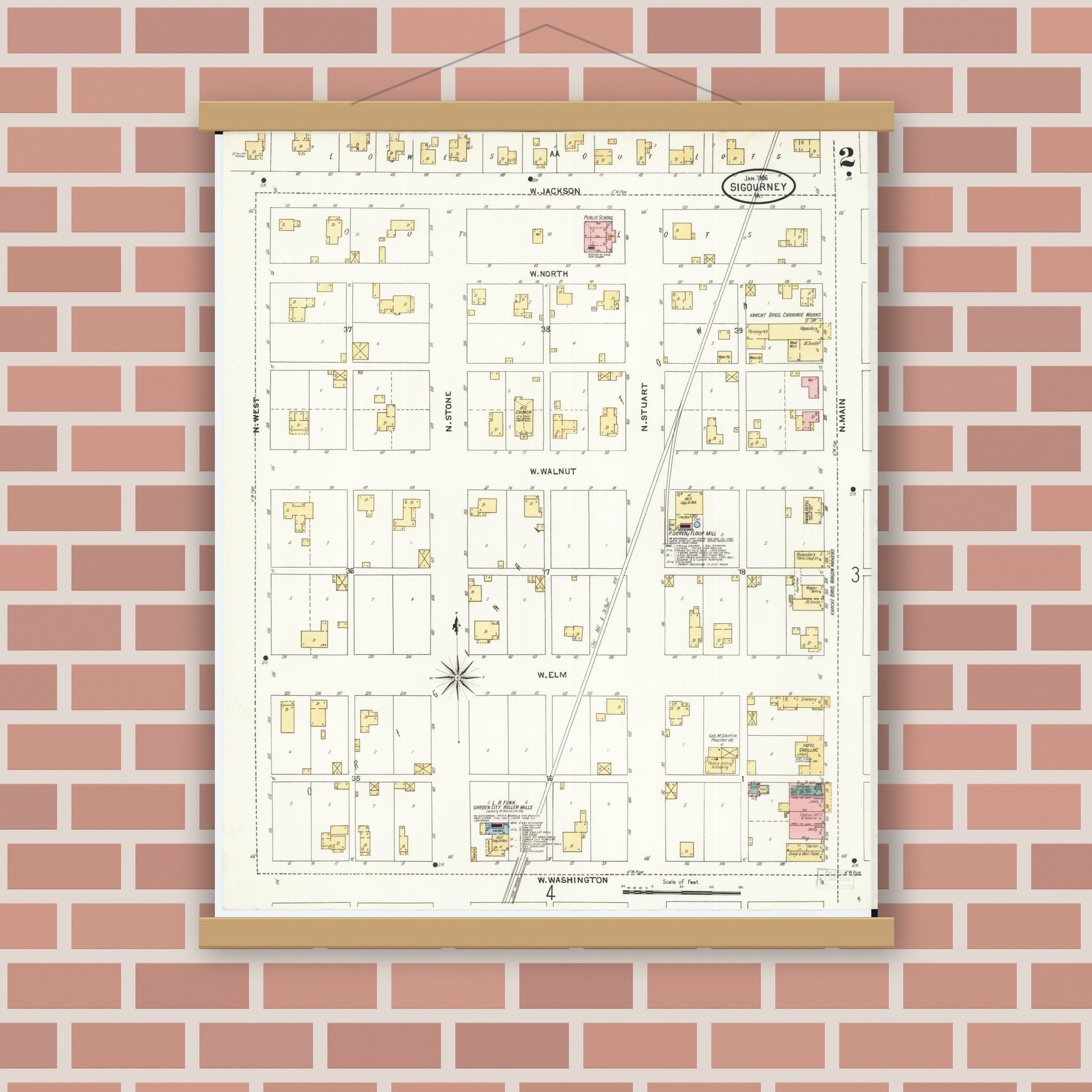 Old map wall art mockup — magnetic wood frame on brick wall — Sanborn Fire Insurance Map from Sigourney, Kiokuk County, Iowa (1906), Sheet #0002