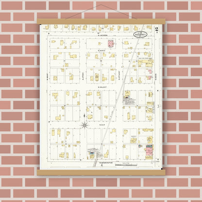 Old map wall art mockup — magnetic wood frame on brick wall — Sanborn Fire Insurance Map from Sigourney, Kiokuk County, Iowa (1906), Sheet #0002