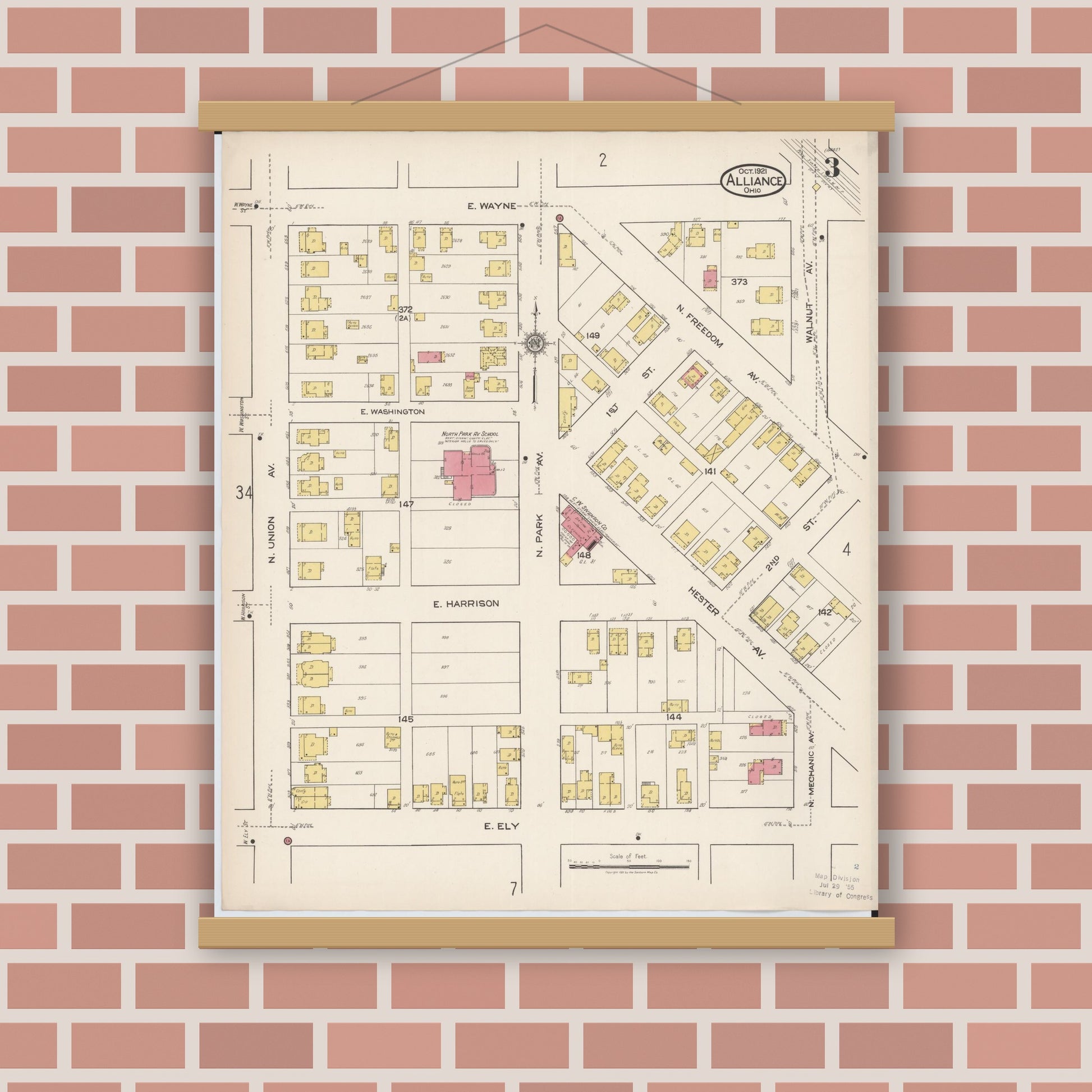 Old map wall art mockup — magnetic wood frame on brick wall — Sanborn Fire Insurance Map from Alliance, Stark County, Ohio (1921), Sheet #0003