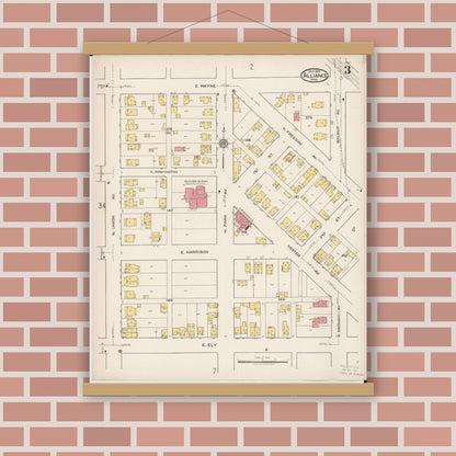 Old map wall art mockup — magnetic wood frame on brick wall — Sanborn Fire Insurance Map from Alliance, Stark County, Ohio (1921), Sheet #0003