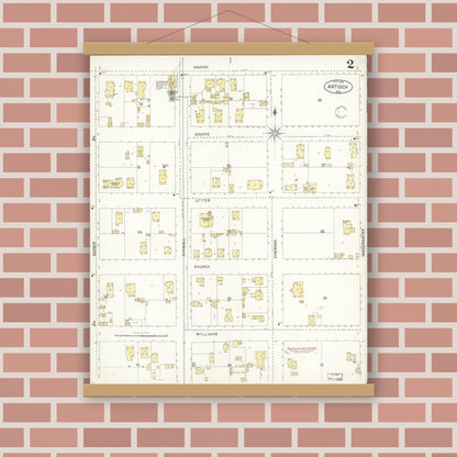 Old map wall art mockup — magnetic wood frame on brick wall — Sanborn Fire Insurance Map from Antioch, Contra Costa County, California (1900), Sheet #0002