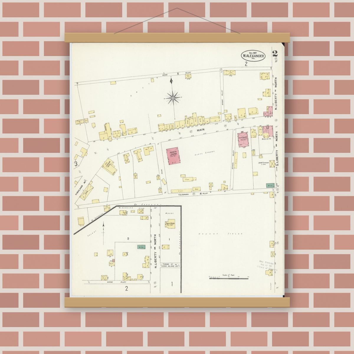 Old map wall art mockup — magnetic wood frame on brick wall — Sanborn Fire Insurance Map from West Alexander, Washington County, Pennsylvania (1907), Sheet #0002