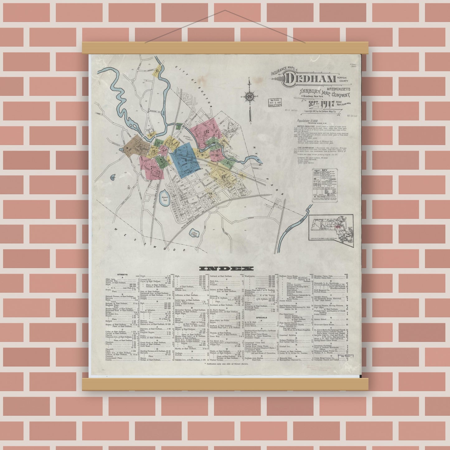 Old map wall art mockup — magnetic wood frame on brick wall — Sanborn Fire Insurance Map from Dedham, Norfolk County, Massachusetts (1917), Sheet #0001