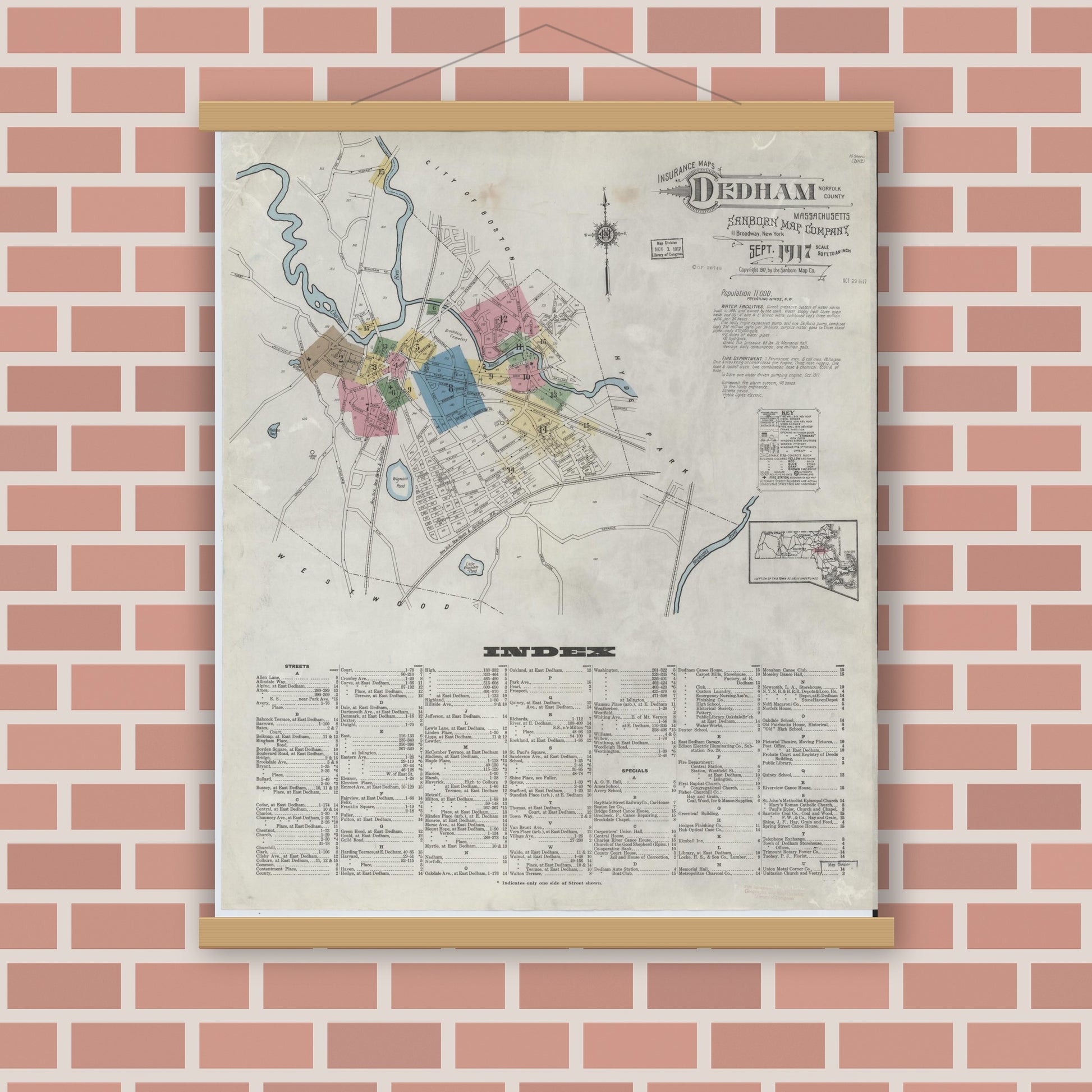 Old map wall art mockup — magnetic wood frame on brick wall — Sanborn Fire Insurance Map from Dedham, Norfolk County, Massachusetts (1917), Sheet #0001
