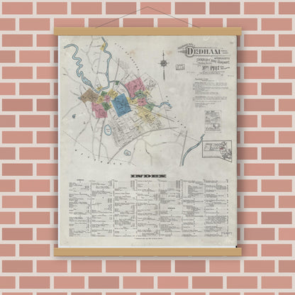 Old map wall art mockup — magnetic wood frame on brick wall — Sanborn Fire Insurance Map from Dedham, Norfolk County, Massachusetts (1917), Sheet #0001