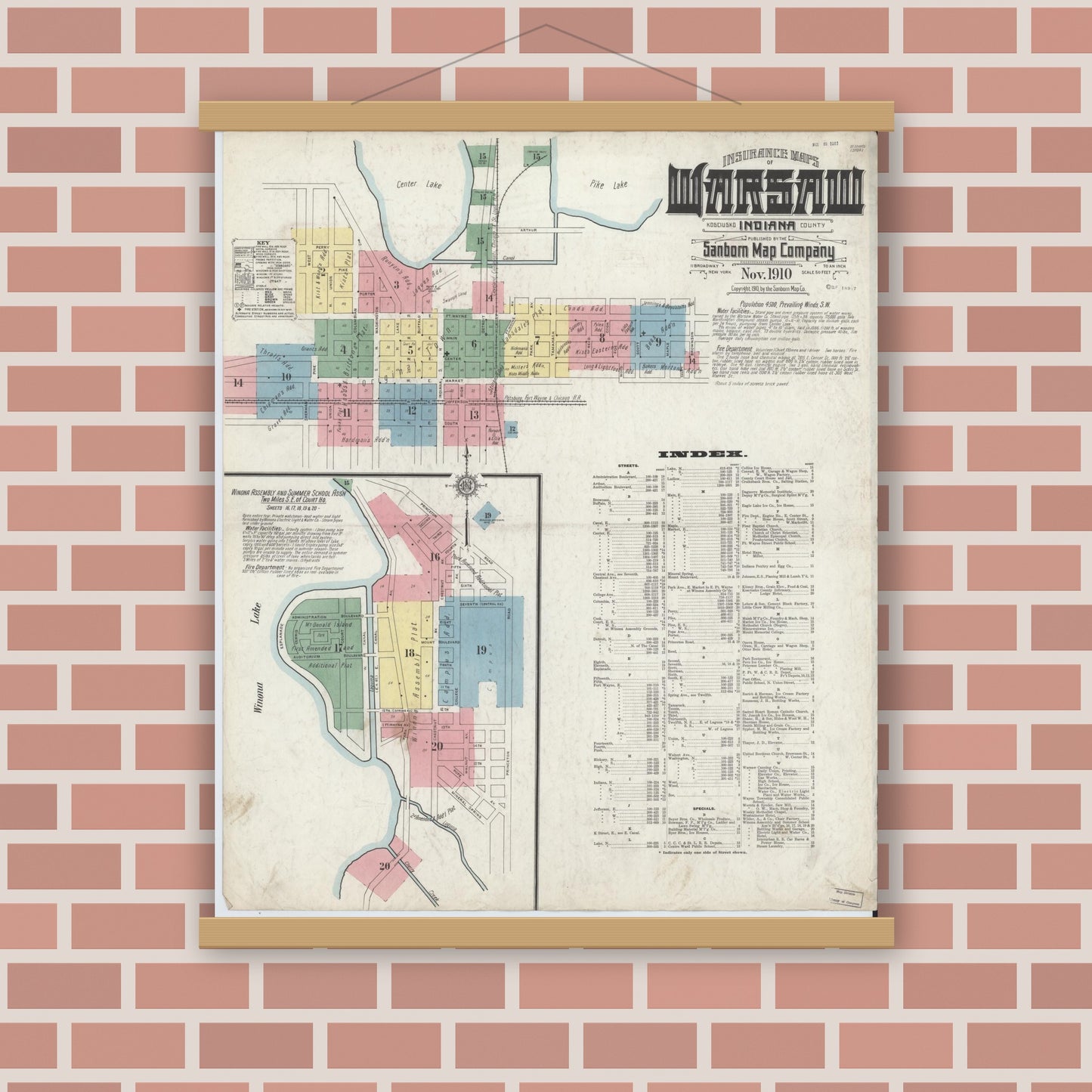 Old map wall art mockup — magnetic wood frame on brick wall — Sanborn Fire Insurance Map from Warsaw, Kosciusko County, Indiana (1910) - Complete Map Set