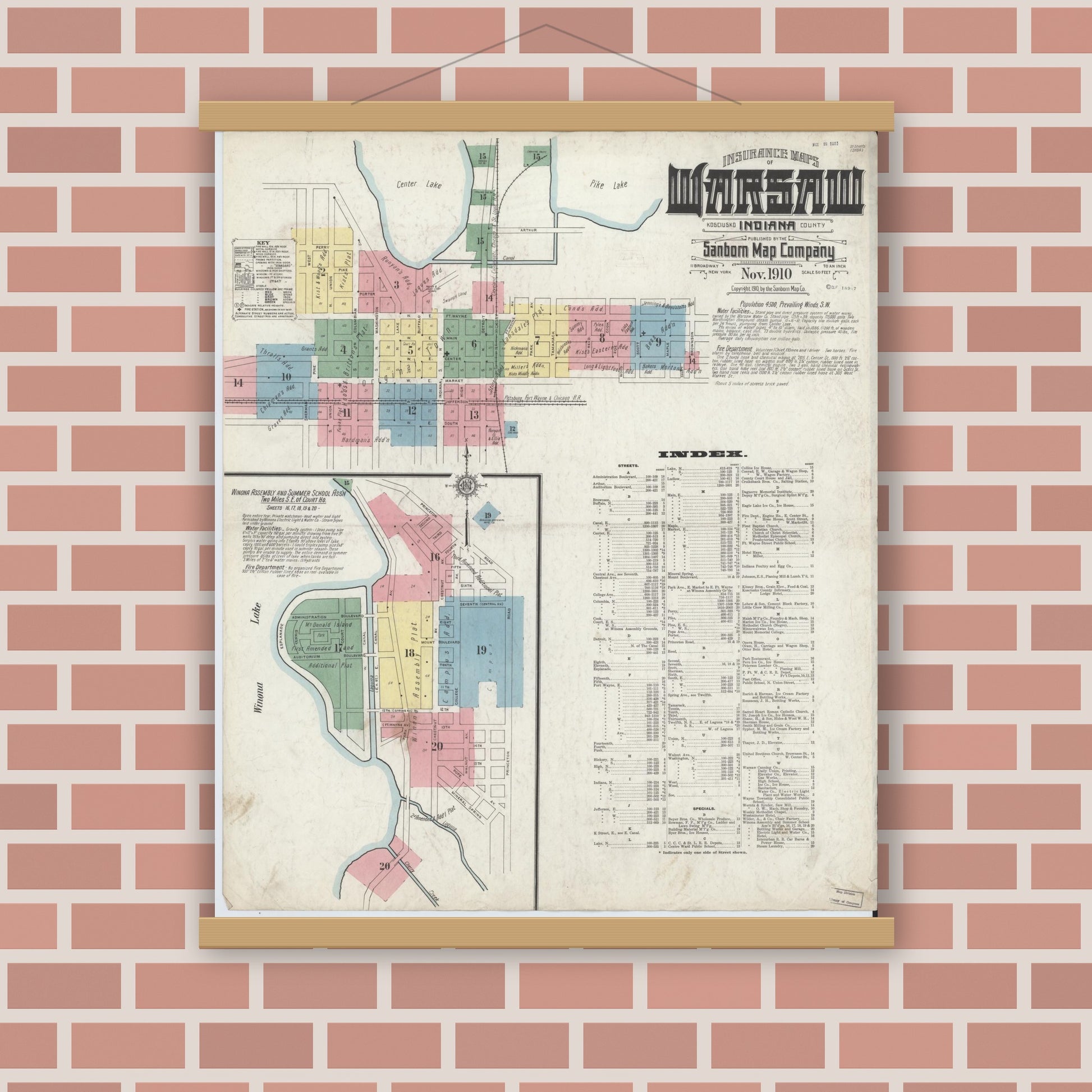 Old map wall art mockup — magnetic wood frame on brick wall — Sanborn Fire Insurance Map from Warsaw, Kosciusko County, Indiana (1910) - Complete Map Set