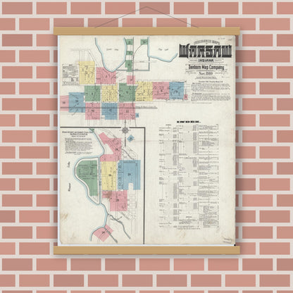Old map wall art mockup — magnetic wood frame on brick wall — Sanborn Fire Insurance Map from Warsaw, Kosciusko County, Indiana (1910) - Complete Map Set
