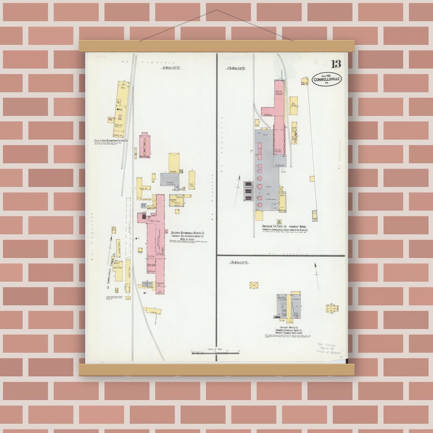 Old map wall art mockup — magnetic wood frame on brick wall — Sanborn Fire Insurance Map from Connellsville, Fayette County, Pennsylvania (1901), Sheet #0013