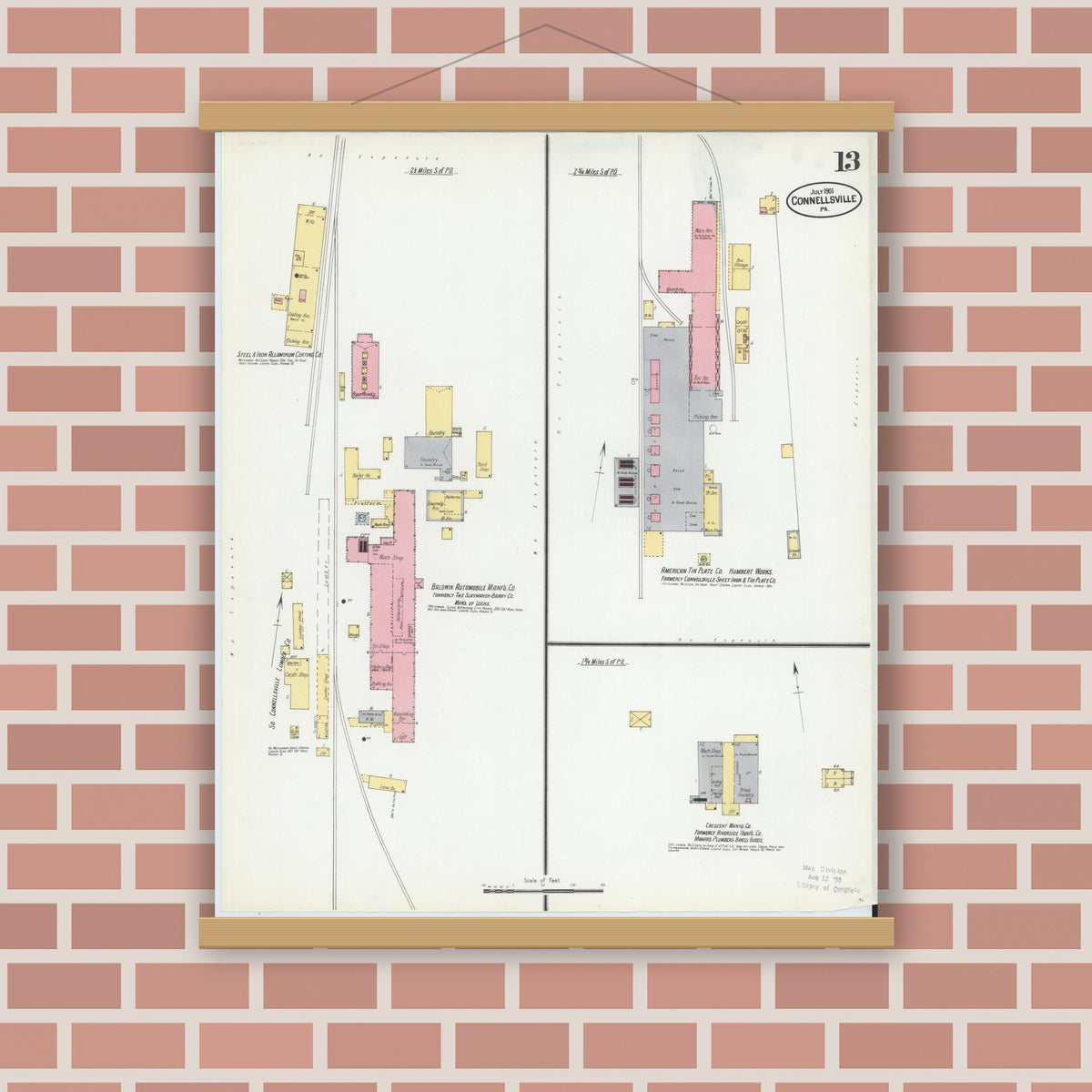 Old map wall art mockup — magnetic wood frame on brick wall — Sanborn Fire Insurance Map from Connellsville, Fayette County, Pennsylvania (1901), Sheet #0013