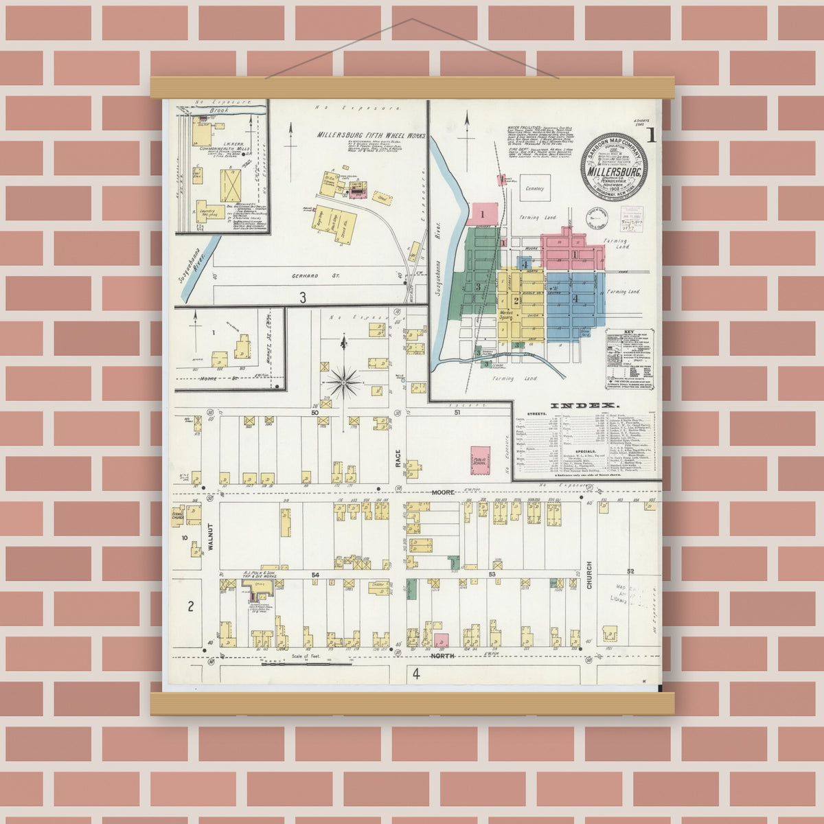 Old map wall art mockup — magnetic wood frame on brick wall — Sanborn Fire Insurance Map from Millersburg, Dauphin County, Pennsylvania (1902) - Complete Map Set