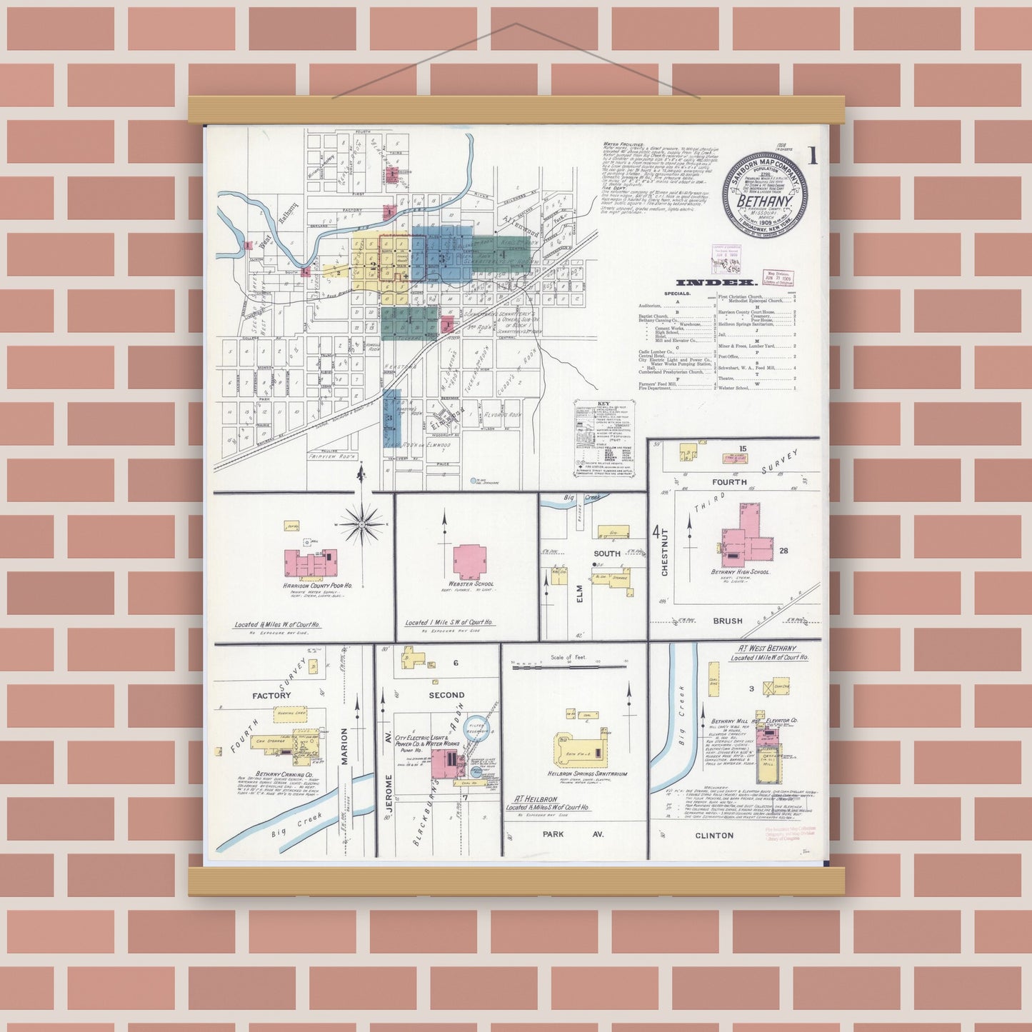 Old map wall art mockup — magnetic wood frame on brick wall — Sanborn Fire Insurance Map from Bethany, Harrison County, Missouri (1909) - Complete Map Set