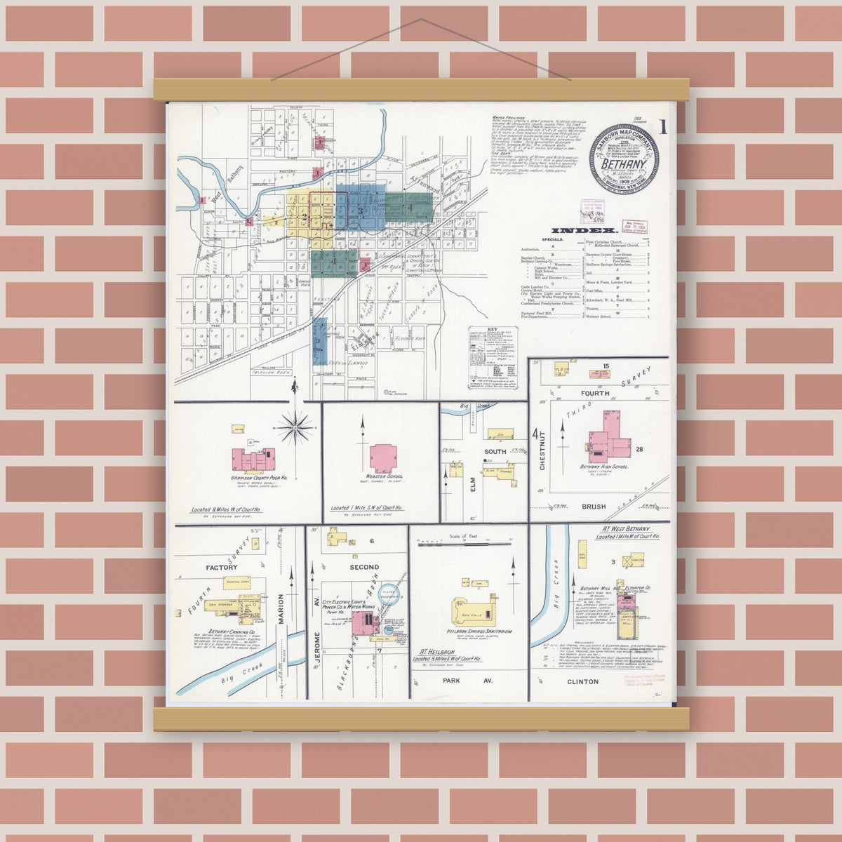 Old map wall art mockup — magnetic wood frame on brick wall — Sanborn Fire Insurance Map from Bethany, Harrison County, Missouri (1909) - Complete Map Set