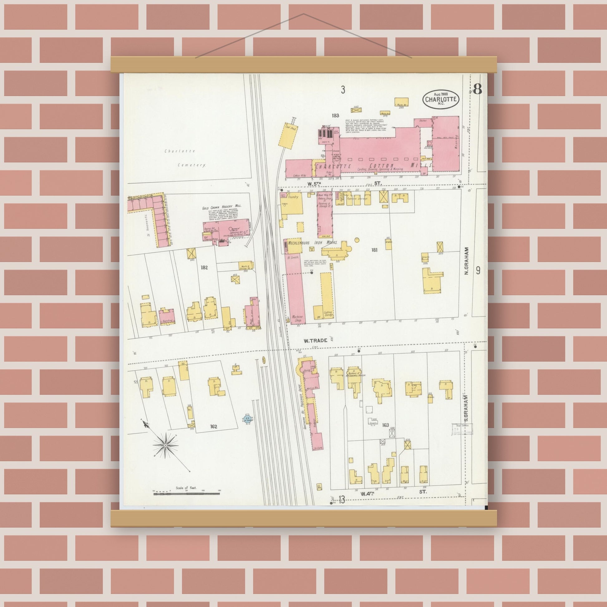 Old map wall art mockup — magnetic wood frame on brick wall — Sanborn Fire Insurance Map from Charlotte, Mecklenburg County, North Carolina (1900), Sheet #0008
