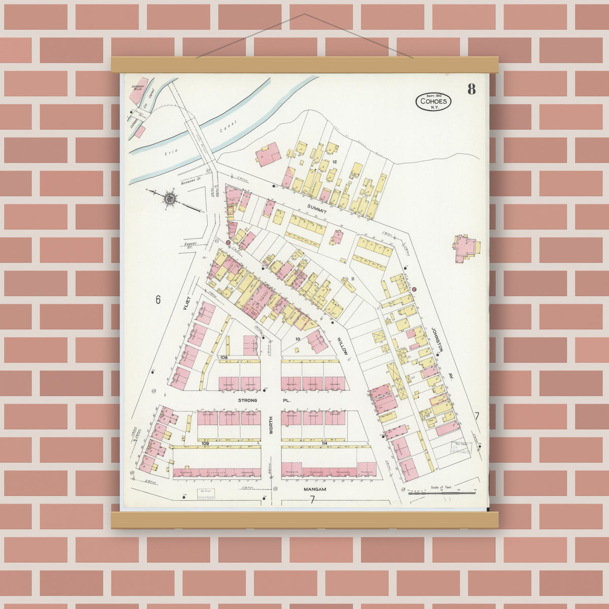 Old map wall art mockup — magnetic wood frame on brick wall — Sanborn Fire Insurance Map from Cohoes, Albany County, New York (1910), Sheet #0008