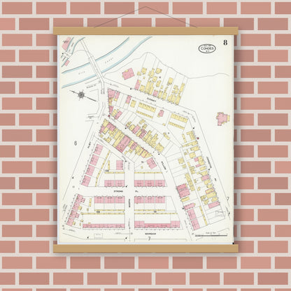 Old map wall art mockup — magnetic wood frame on brick wall — Sanborn Fire Insurance Map from Cohoes, Albany County, New York (1910), Sheet #0008