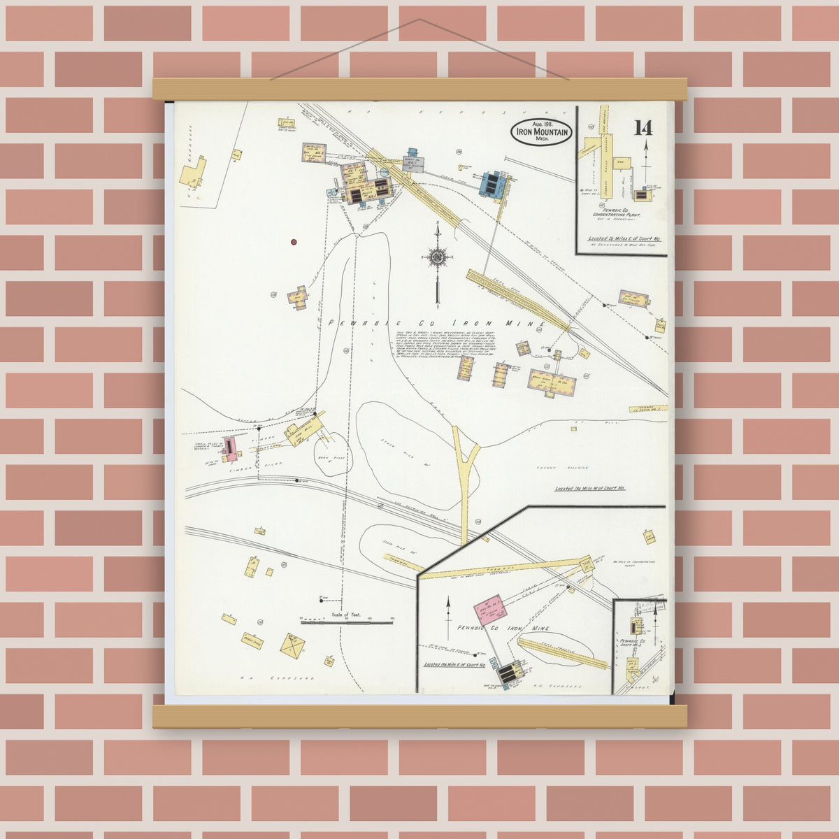 Old map wall art mockup — magnetic wood frame on brick wall — Sanborn Fire Insurance Map from Iron Mountain, Dickinson County, Michigan (1911), Sheet #0014