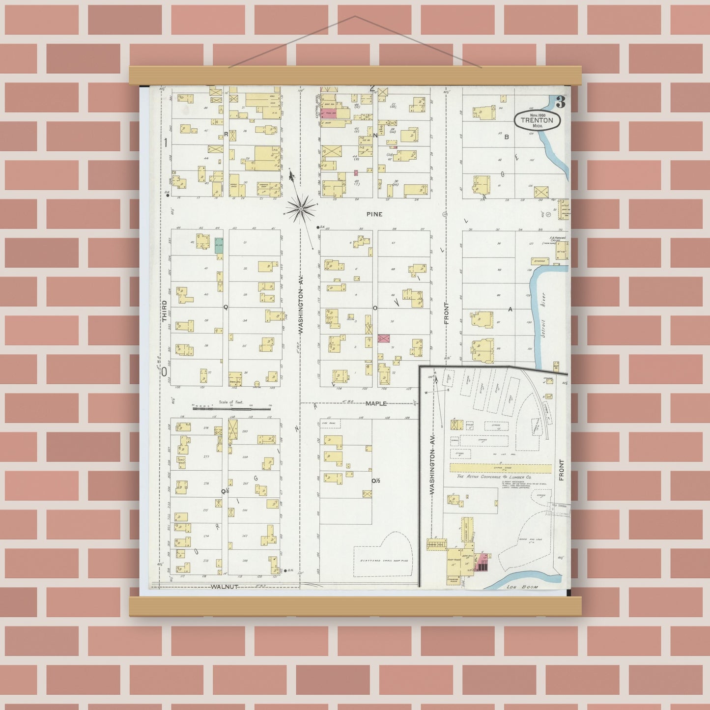 Old map wall art mockup — magnetic wood frame on brick wall — Sanborn Fire Insurance Map from Trenton, Wayne County, Michigan (1900), Sheet #0003