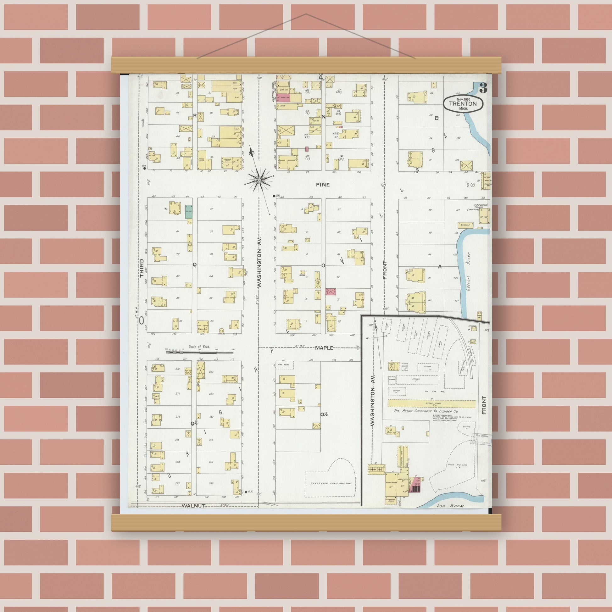 Old map wall art mockup — magnetic wood frame on brick wall — Sanborn Fire Insurance Map from Trenton, Wayne County, Michigan (1900), Sheet #0003
